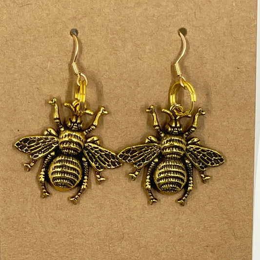 Gold Coated Stainless Steele Bee Dangle Earrings