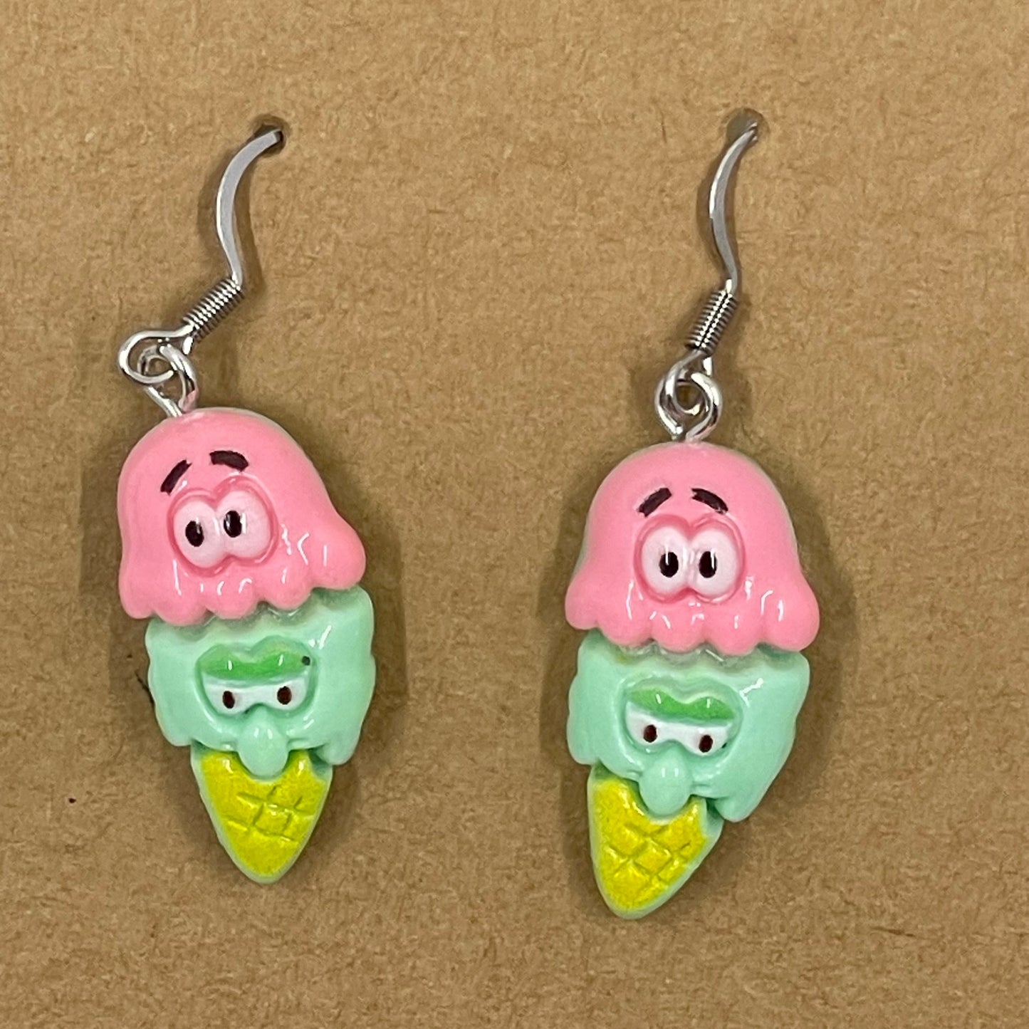 Resin Patrick Star & Squidward (SpongeBob) Ice Cream Cone Dangle Earrings