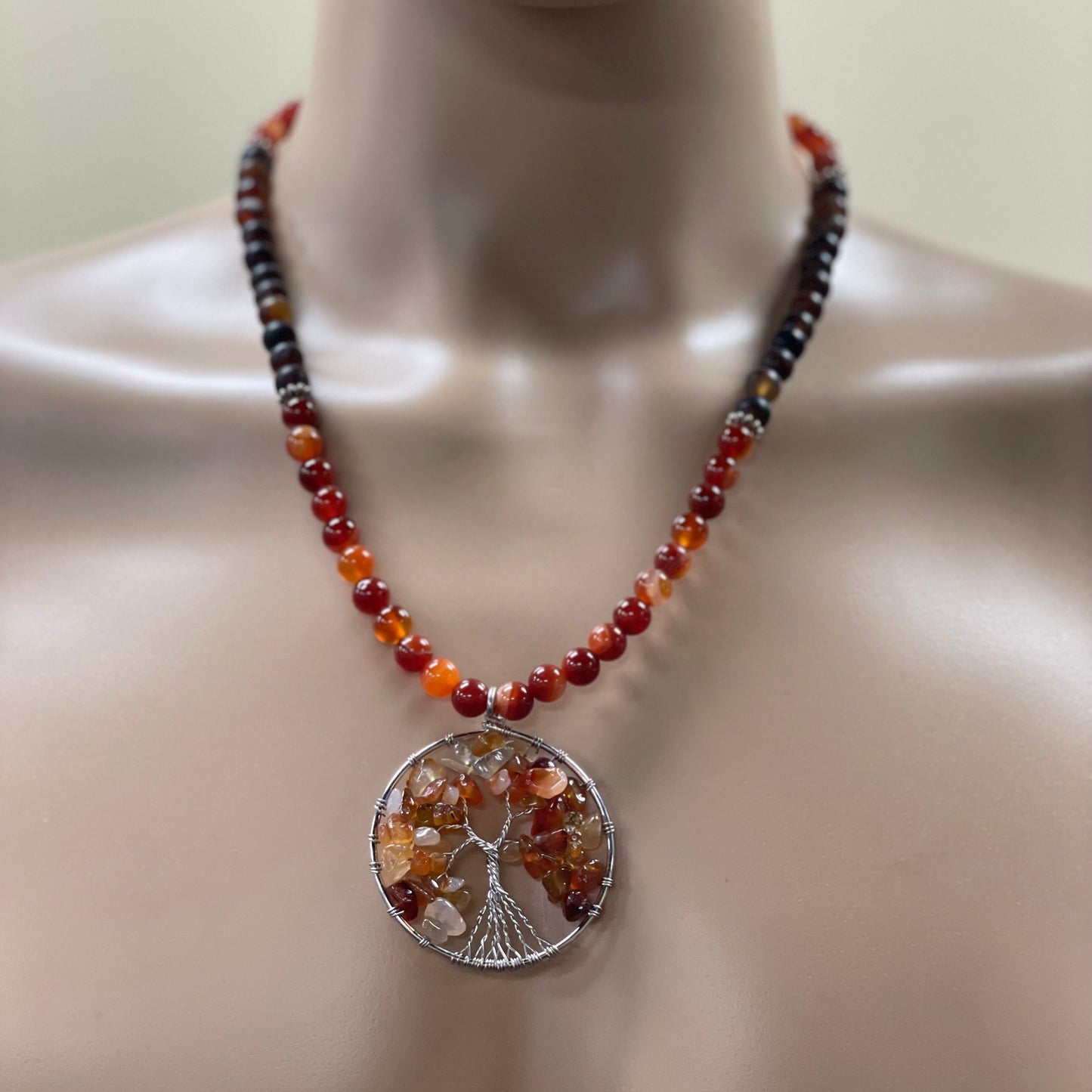 🌳🔥 Carnelian Tree of Life Necklace – 23.5” Wire Wrapped Stainless Steel w/ Agate & Carnelian