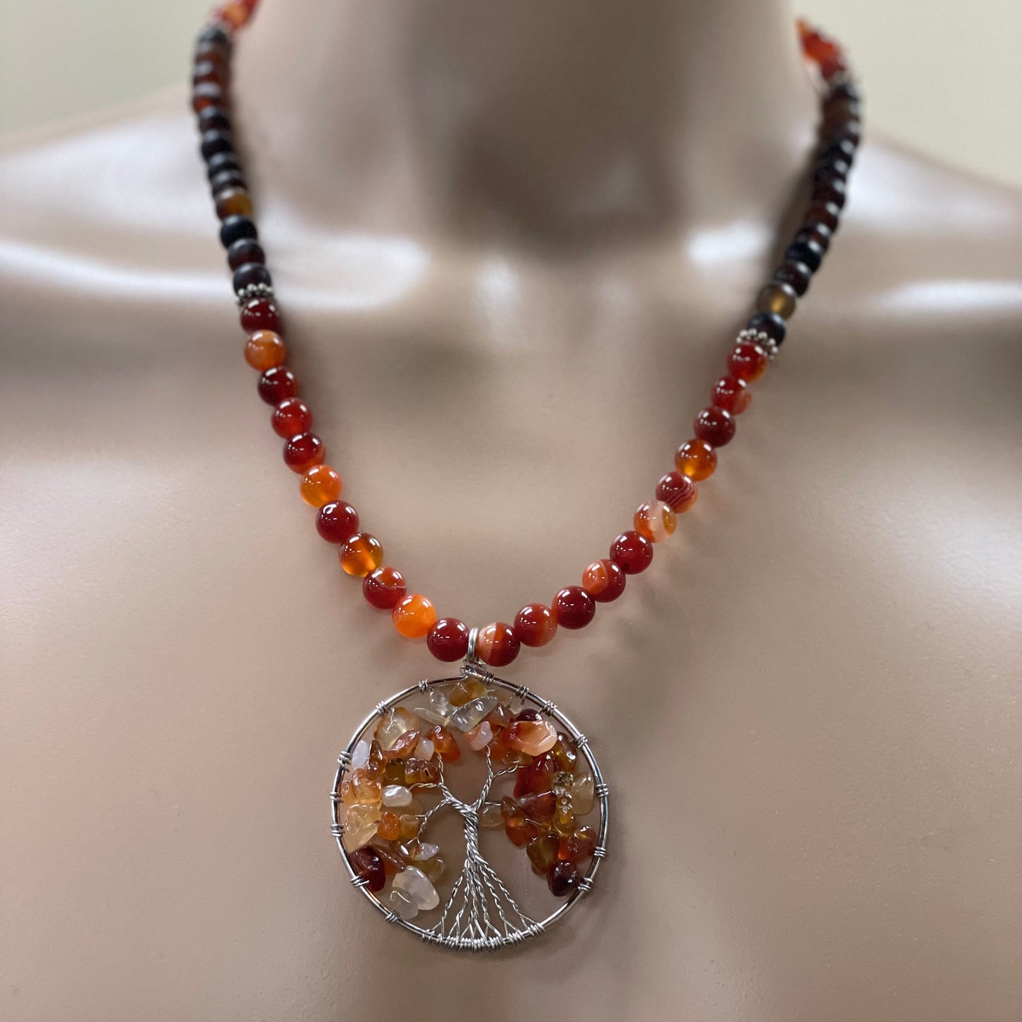 🌳🔥 Carnelian Tree of Life Necklace – 23.5” Wire Wrapped Stainless Steel w/ Agate & Carnelian
