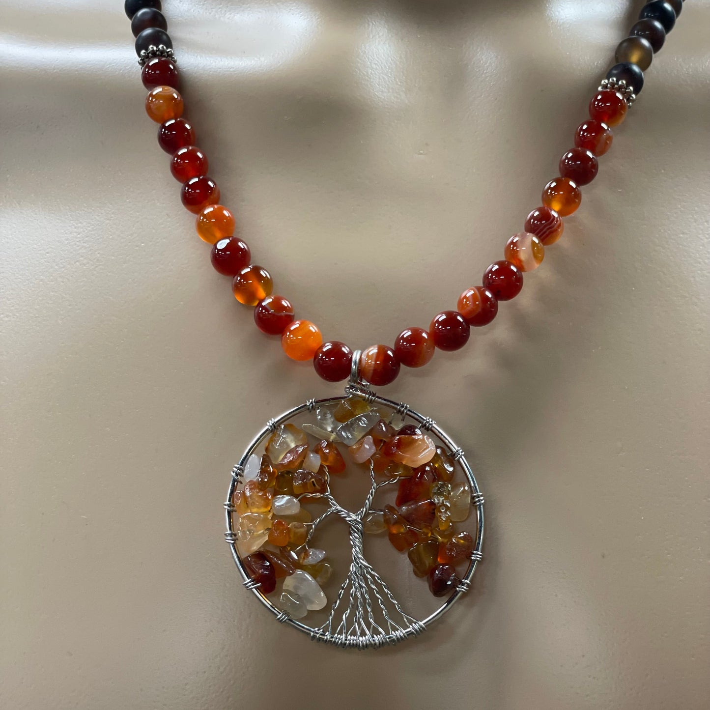 🌳🔥 Carnelian Tree of Life Necklace – 23.5” Wire Wrapped Stainless Steel w/ Agate & Carnelian
