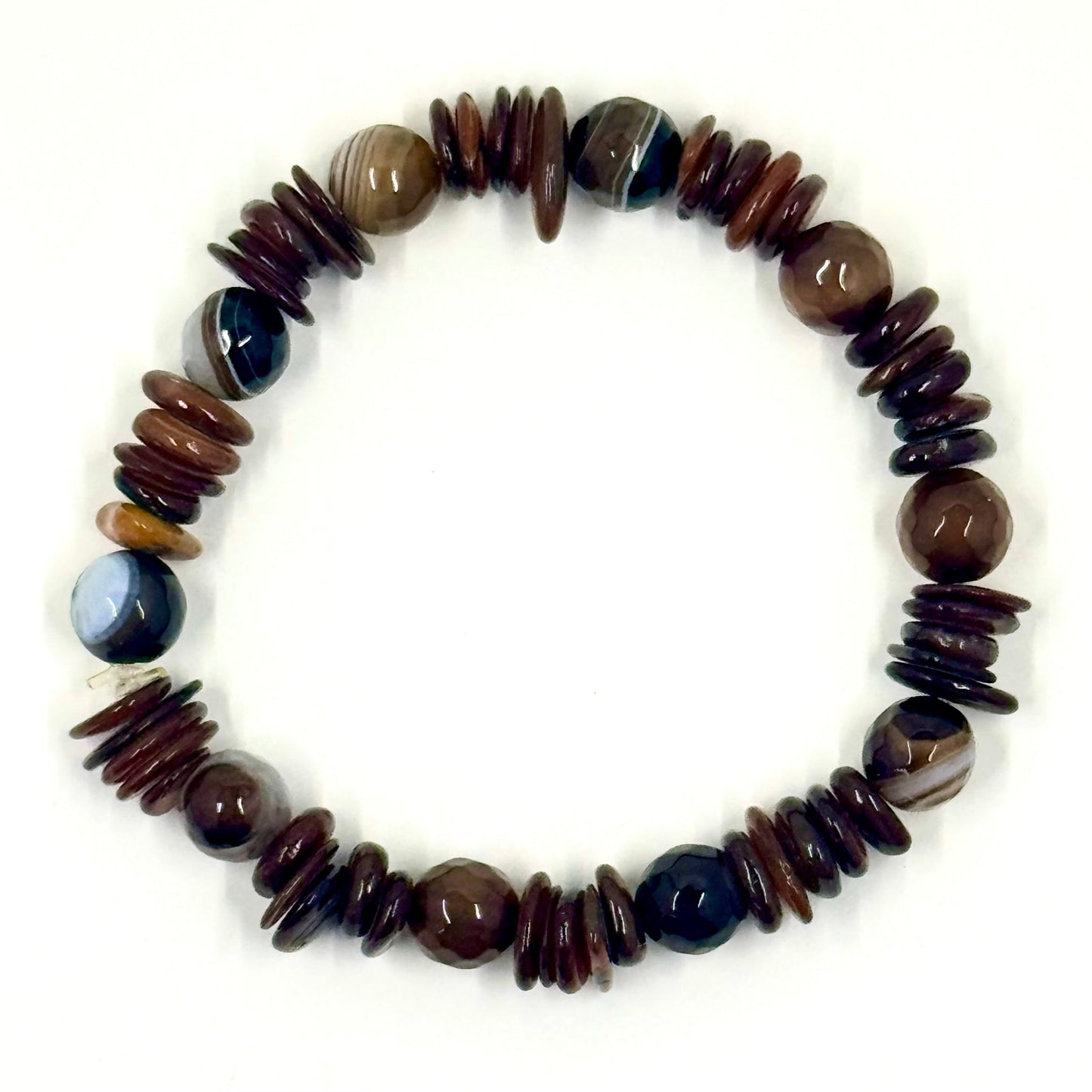 🌿🌊 Stretchy 8mm Coffee Agate & Shell Bracelet