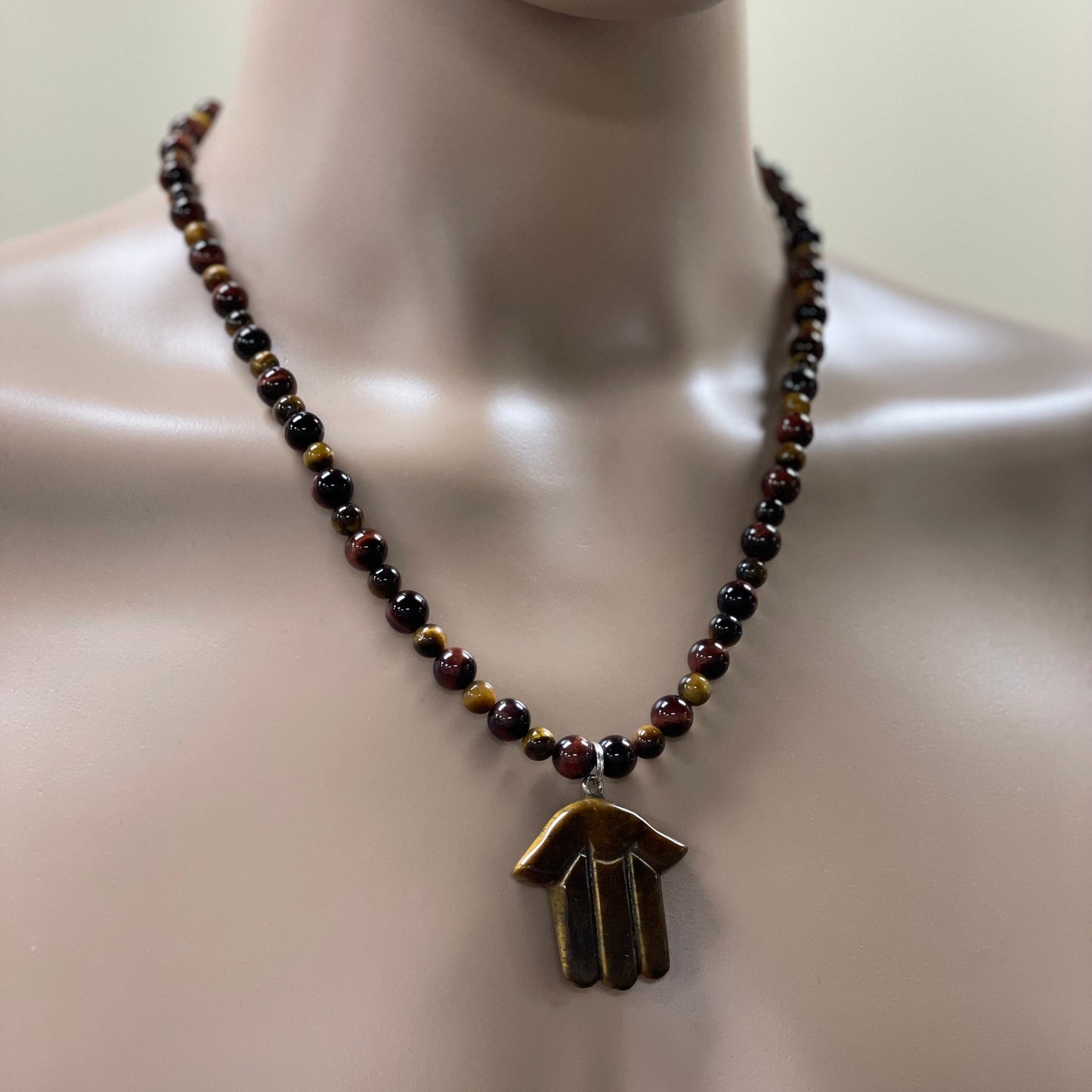 🧿✨ Tiger’s Eye Hamsa Necklace – 23” Hand-Carved with Red & Brown Tiger’s Eye Beads
