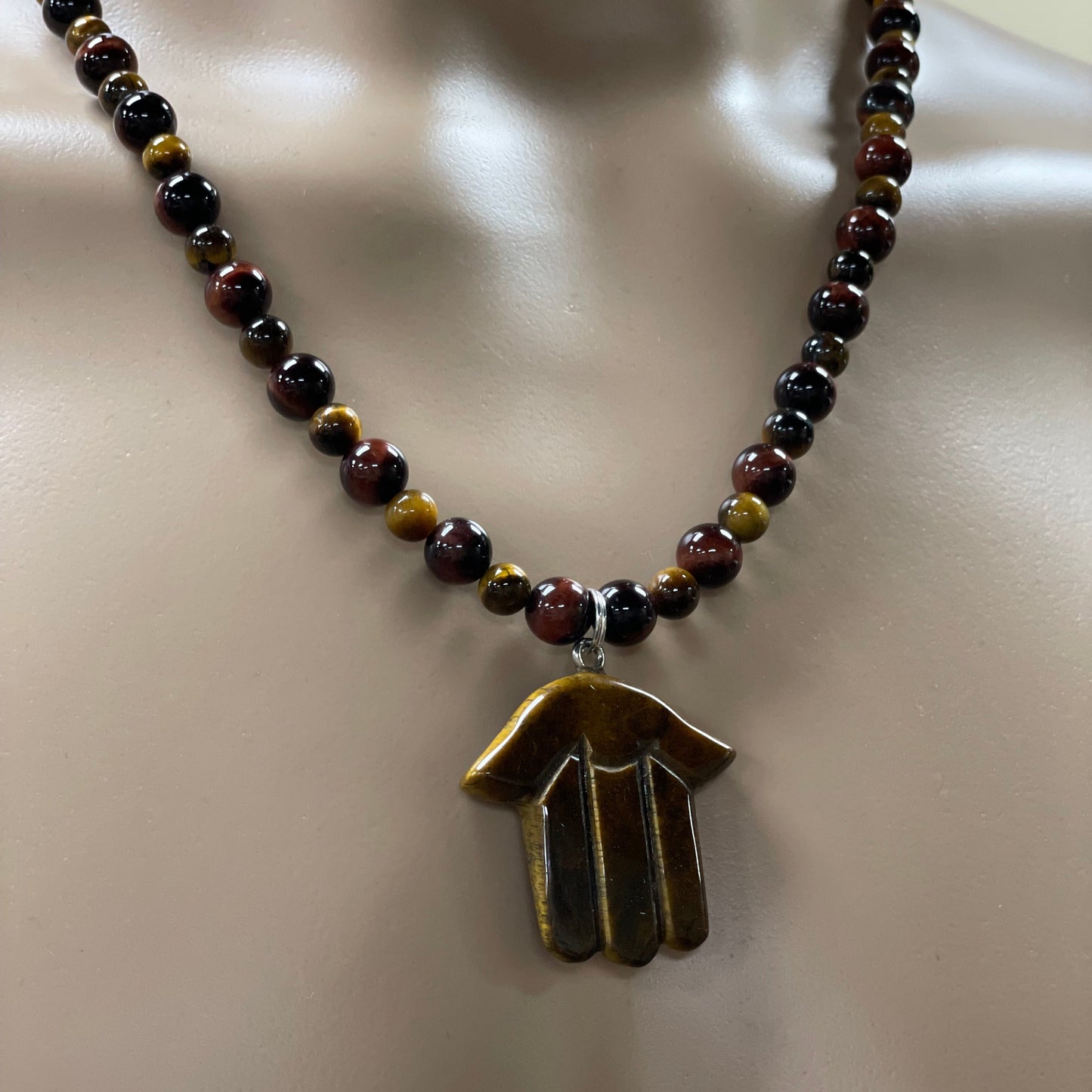 🧿✨ Tiger’s Eye Hamsa Necklace – 23” Hand-Carved with Red & Brown Tiger’s Eye Beads