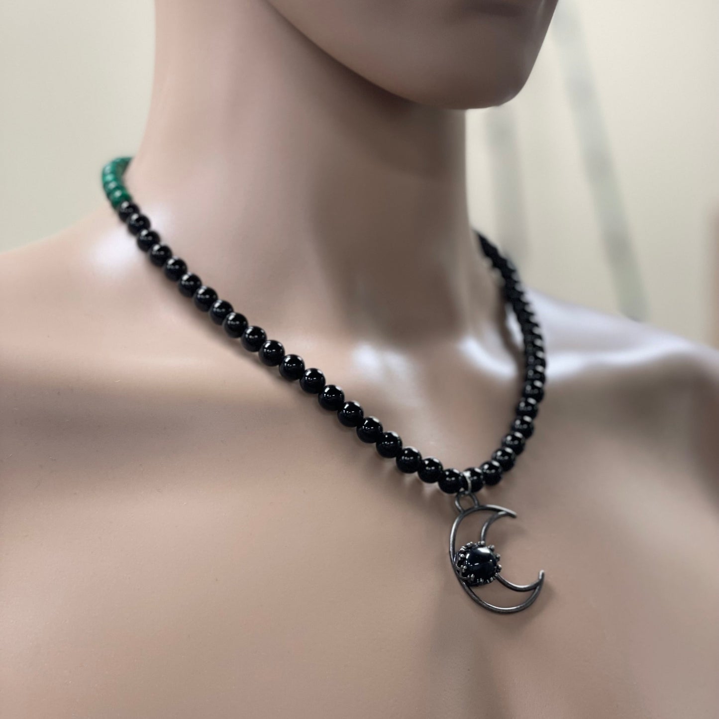 21.5” Stainless Steele & Onyx Half Moon Necklace Adorned With 6mm Onyx & Malachite Beads