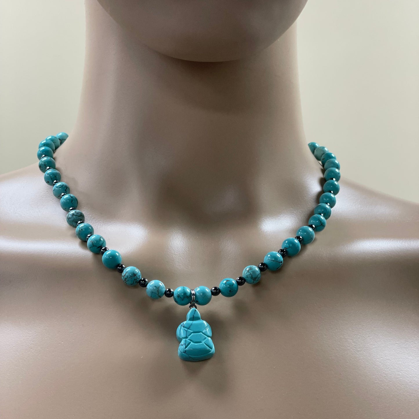 🐢🔷 Tranquil Strength Turtle Necklace – 21.5” Turquoise & Hematite Balance Vibes