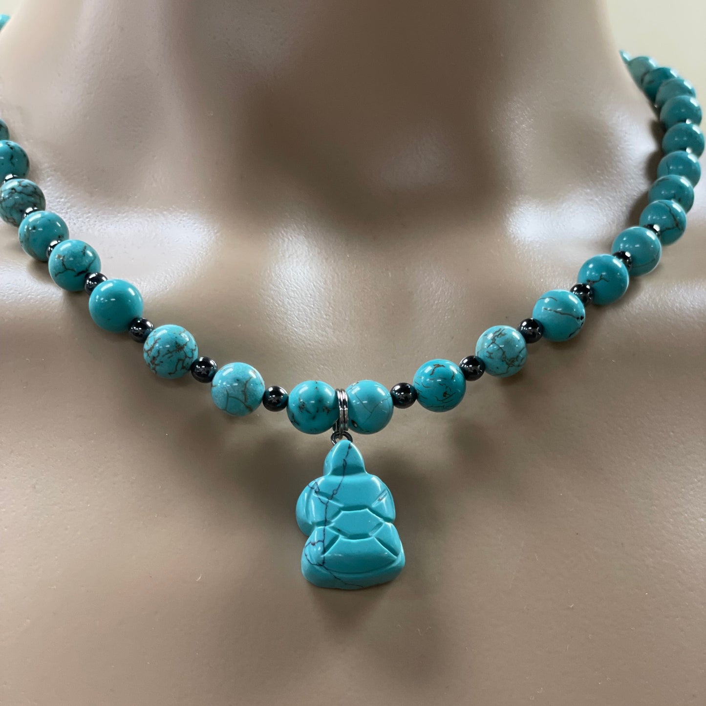 🐢🔷 Tranquil Strength Turtle Necklace – 21.5” Turquoise & Hematite Balance Vibes