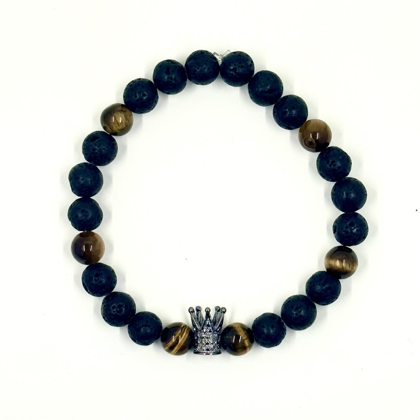 👑💪 Stretchy 8mm Lava Stone & Tiger's Eye Crown Diffuser Bracelet