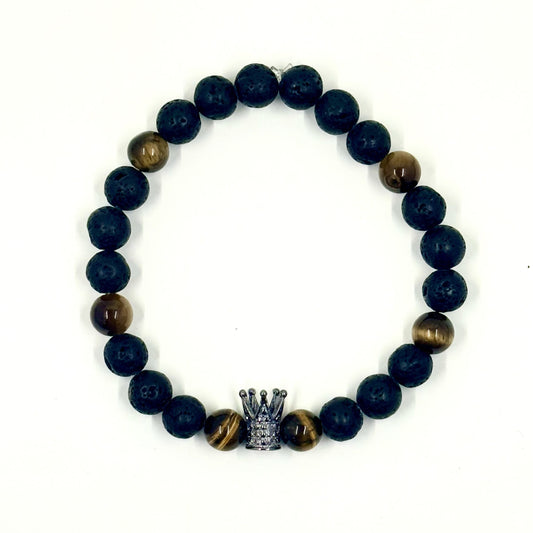 👑💪 Stretchy 8mm Lava Stone & Tiger's Eye Crown Diffuser Bracelet