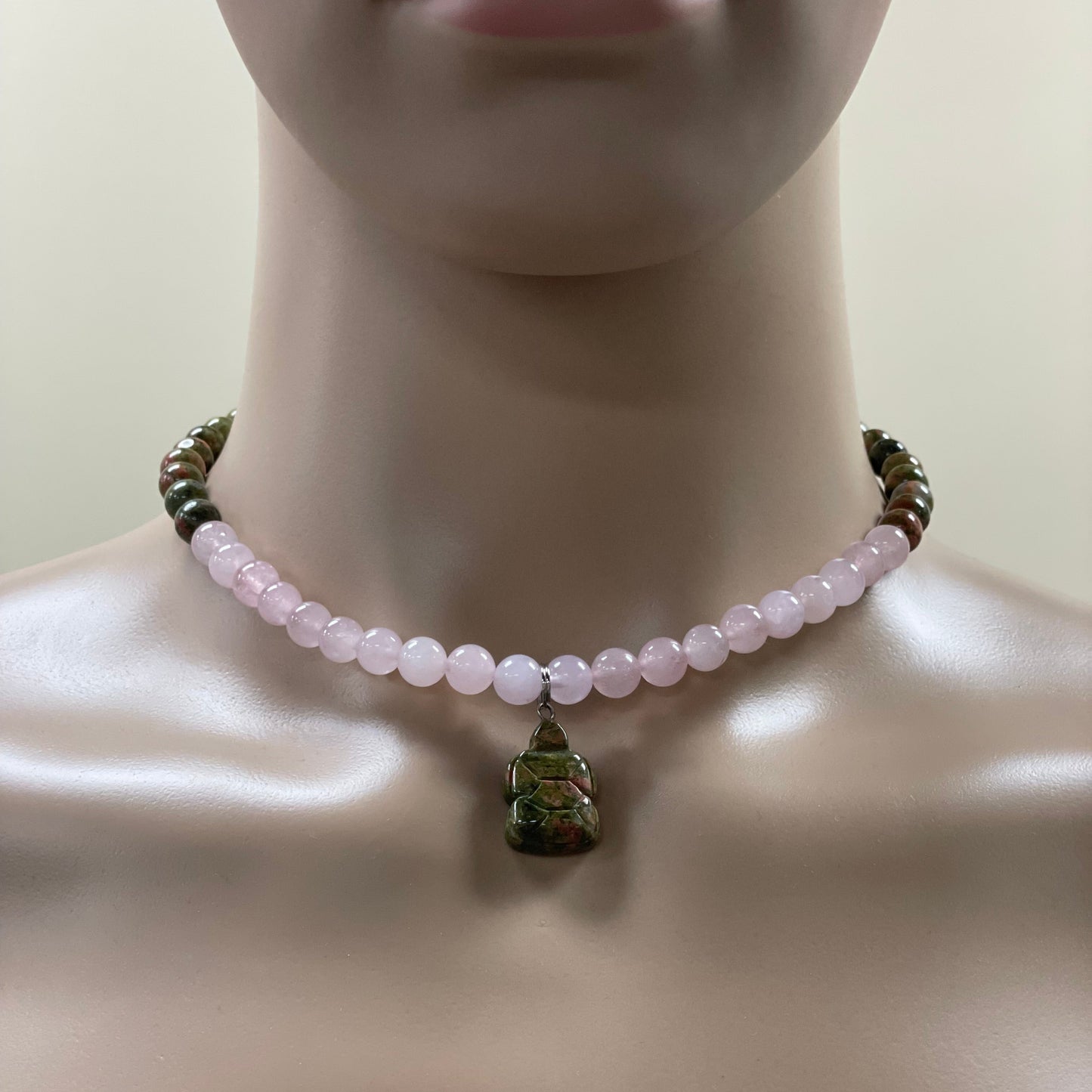 17.5” Unakite Turtle Necklace Adorned With 8mm Rose Quartz & Unakite Beads