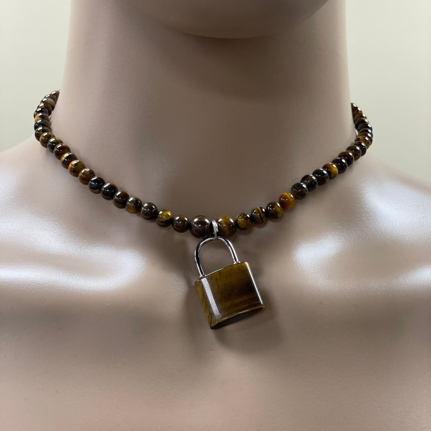 17” Stainless Steele & Tigers Eye Padlock Chocker Necklace Adorned  With 6mm Tigers Eye Beads