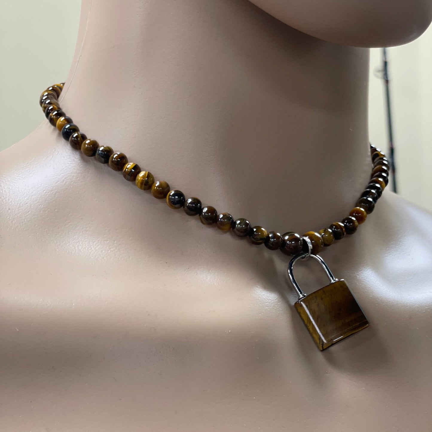 17” Stainless Steele & Tigers Eye Padlock Chocker Necklace Adorned  With 6mm Tigers Eye Beads