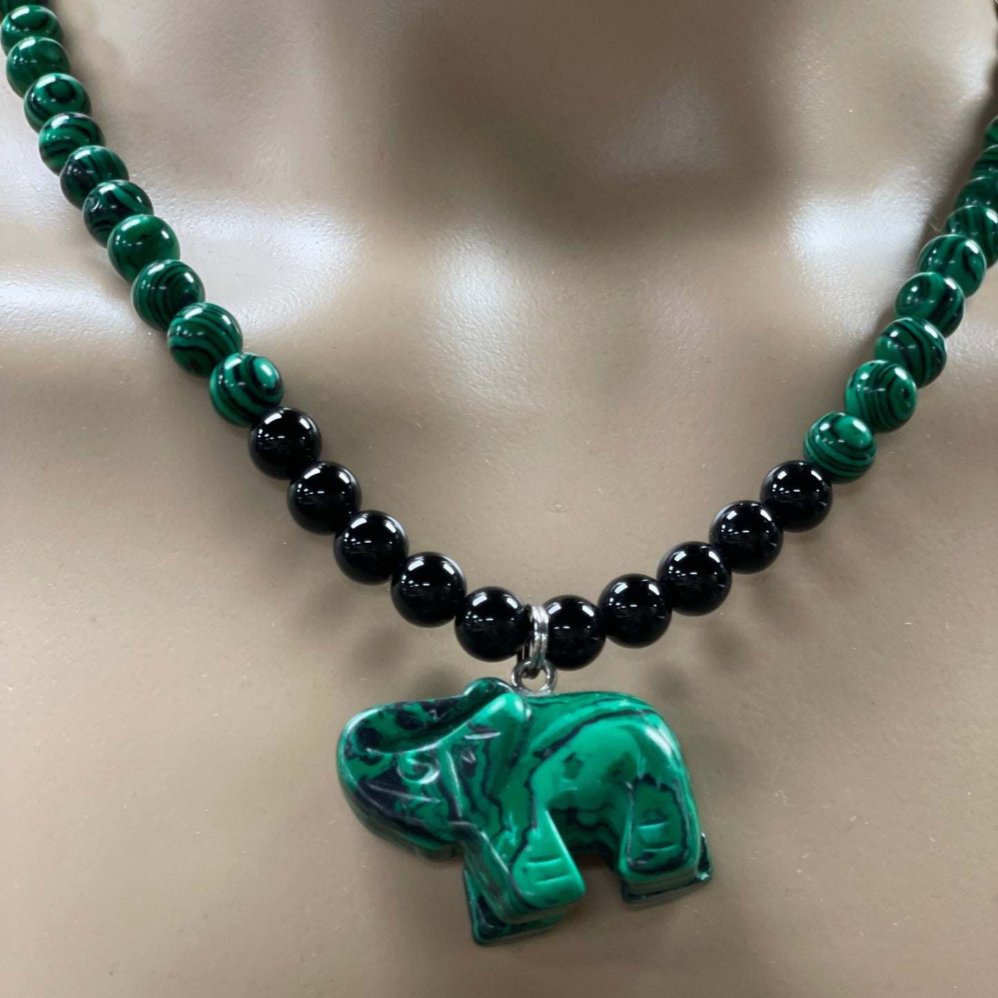 🐘 21” Hand Carved Malachite Elephant Necklace Adorned with Onyx &amp; Malachite Beads