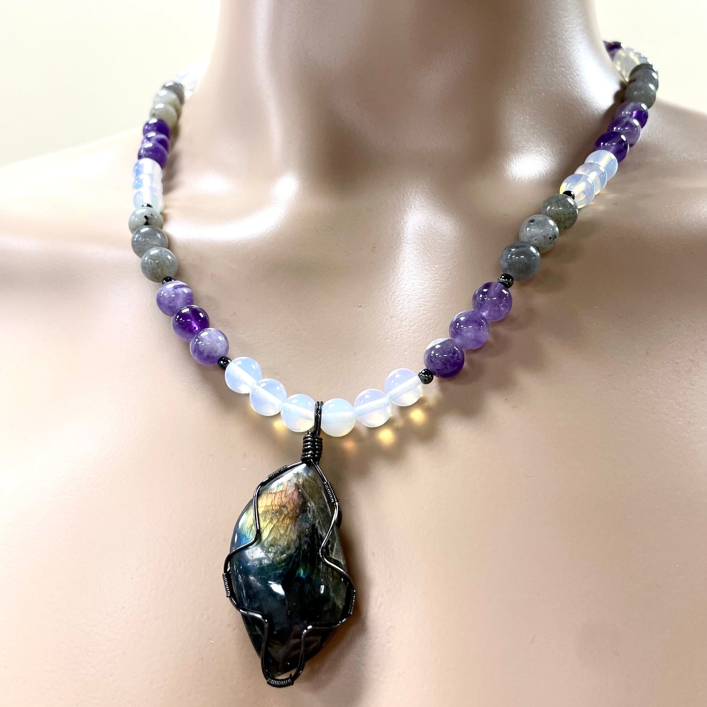 🌟💜 Labradorite Dream Necklace – 22.5” Wire Wrapped with Amethyst & Opalite