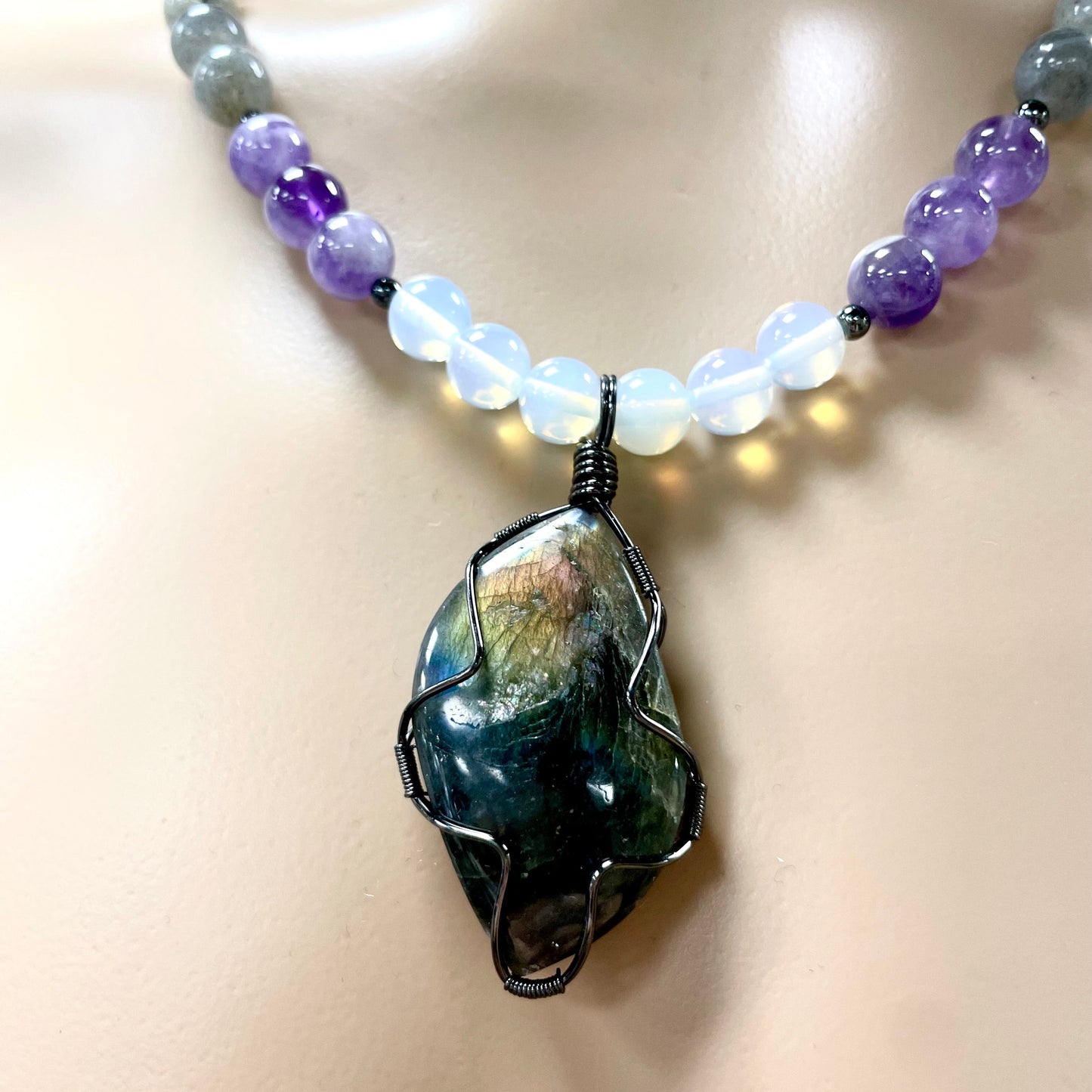 🌟💜 Labradorite Dream Necklace – 22.5” Wire Wrapped with Amethyst & Opalite