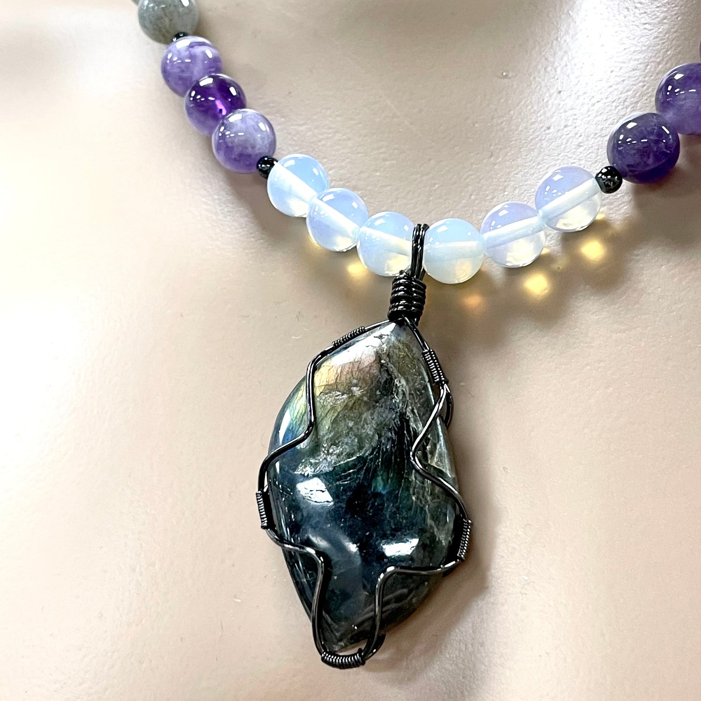 🌟💜 Labradorite Dream Necklace – 22.5” Wire Wrapped with Amethyst & Opalite