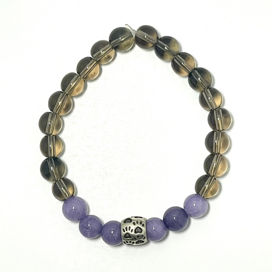 🐾✨ Stretchy 8mm Smoky Quartz & Angelite Paw Print Bracelet