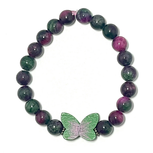 🦋💗 Stretchy 8mm Persian Jade & Pink Tourmaline Butterfly Bracelet