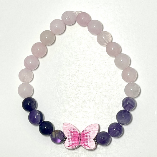 🦋💖 Stretchy 8mm Rose Quartz & Amethyst Butterfly Bracelet