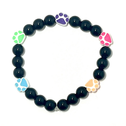 🐾🌈 Stretchy 8mm Onyx Rainbow Paw Print Bracelet