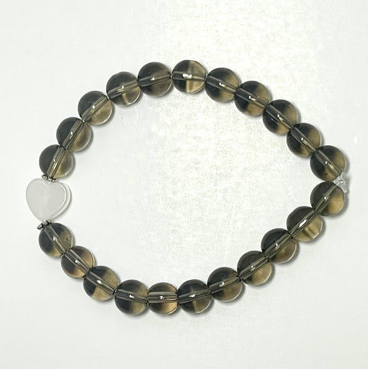 💖✨ Stretchy 8mm Smoky Quartz & Rose Quartz Heart Bracelet