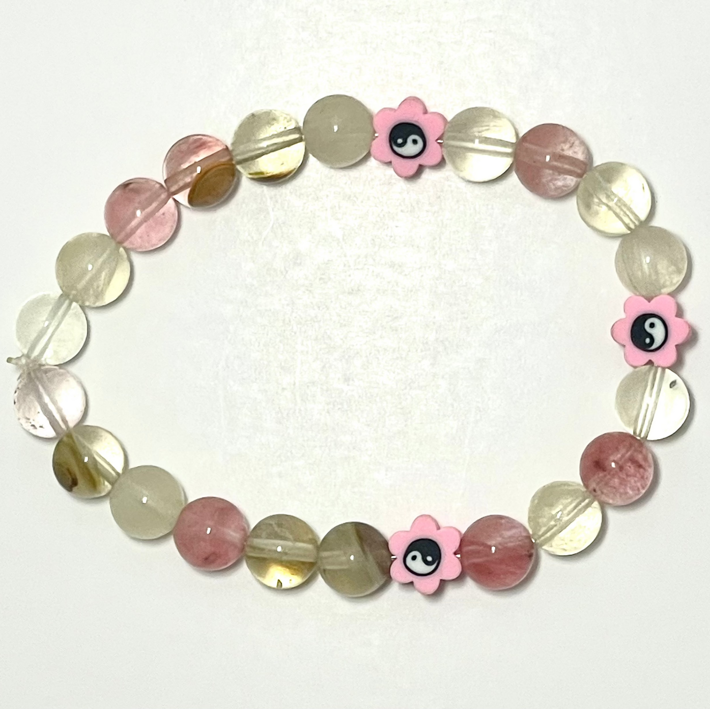🌸✨ Stretchy 8mm Pink Fluorite Yin-Yang Flower Bracelet