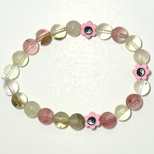 🌸✨ Stretchy 8mm Pink Fluorite Yin-Yang Flower Bracelet