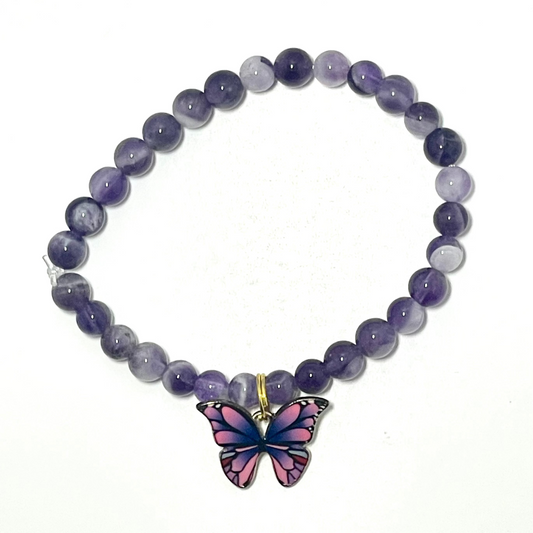 🦋💜 Stretchy 6mm Amethyst Bracelet with Butterfly Charm