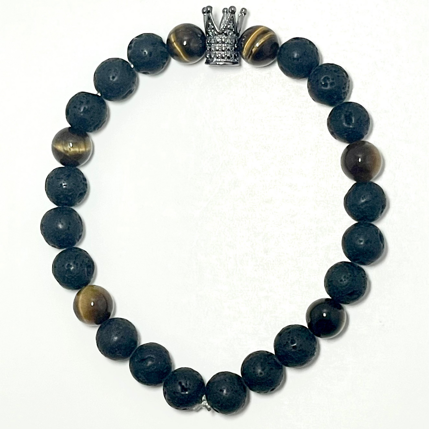 👑💪 Stretchy 8mm Lava Stone & Tiger's Eye Crown Diffuser Bracelet