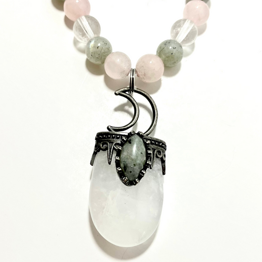 25” Clear Quartz & Labradorite Moon Necklace Adorned With 8mm Rose Quartz, Clear Quartz, & Labradorite Beads