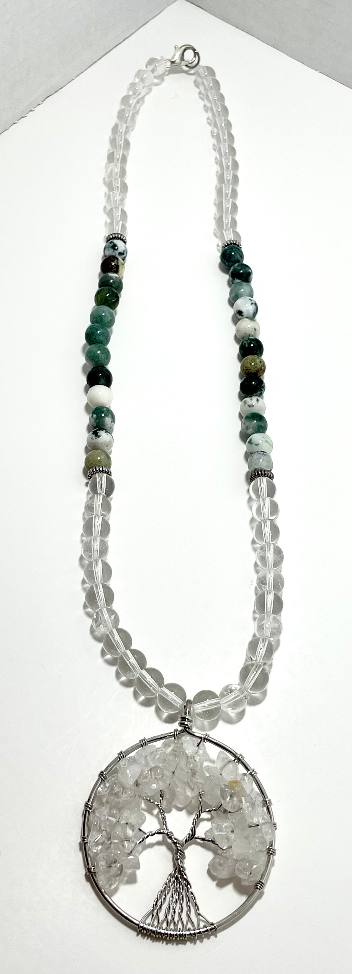 23” Wire Wrapped Stainless Steele Clear Quartz Tree of Life Necklace Adorned With 8mm Clear Quartz, Green Moss Agate, & Stainless Steele Spacer Beads