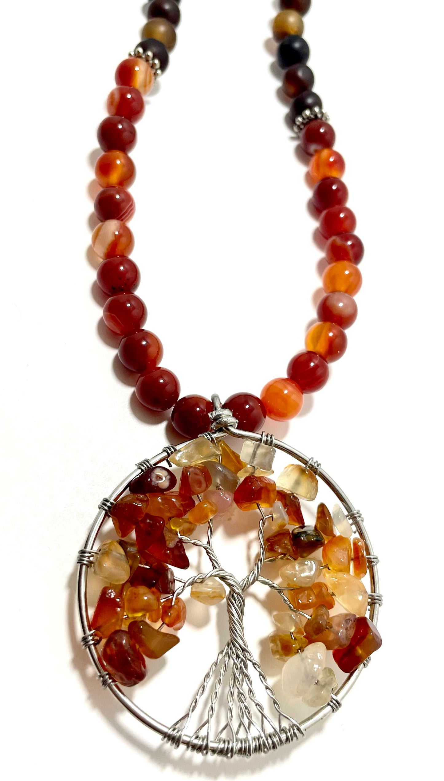 🌳🔥 Carnelian Tree of Life Necklace – 23.5” Wire Wrapped Stainless Steel w/ Agate & Carnelian