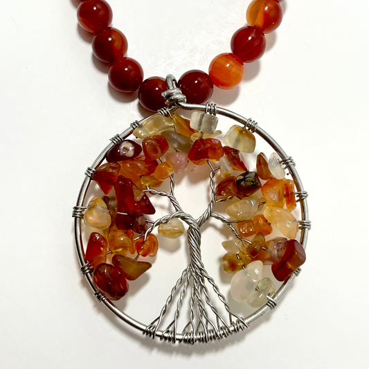 🌳🔥 Carnelian Tree of Life Necklace – 23.5” Wire Wrapped Stainless Steel w/ Agate & Carnelian