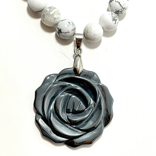 22" Pyrite Rose Necklace Adorned With 8mm Howlite & Chipped Hematite Beads