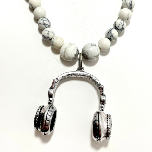 24.5” Stainless Steele Headphone Necklace Adorned With 6mm Howlite Beads
