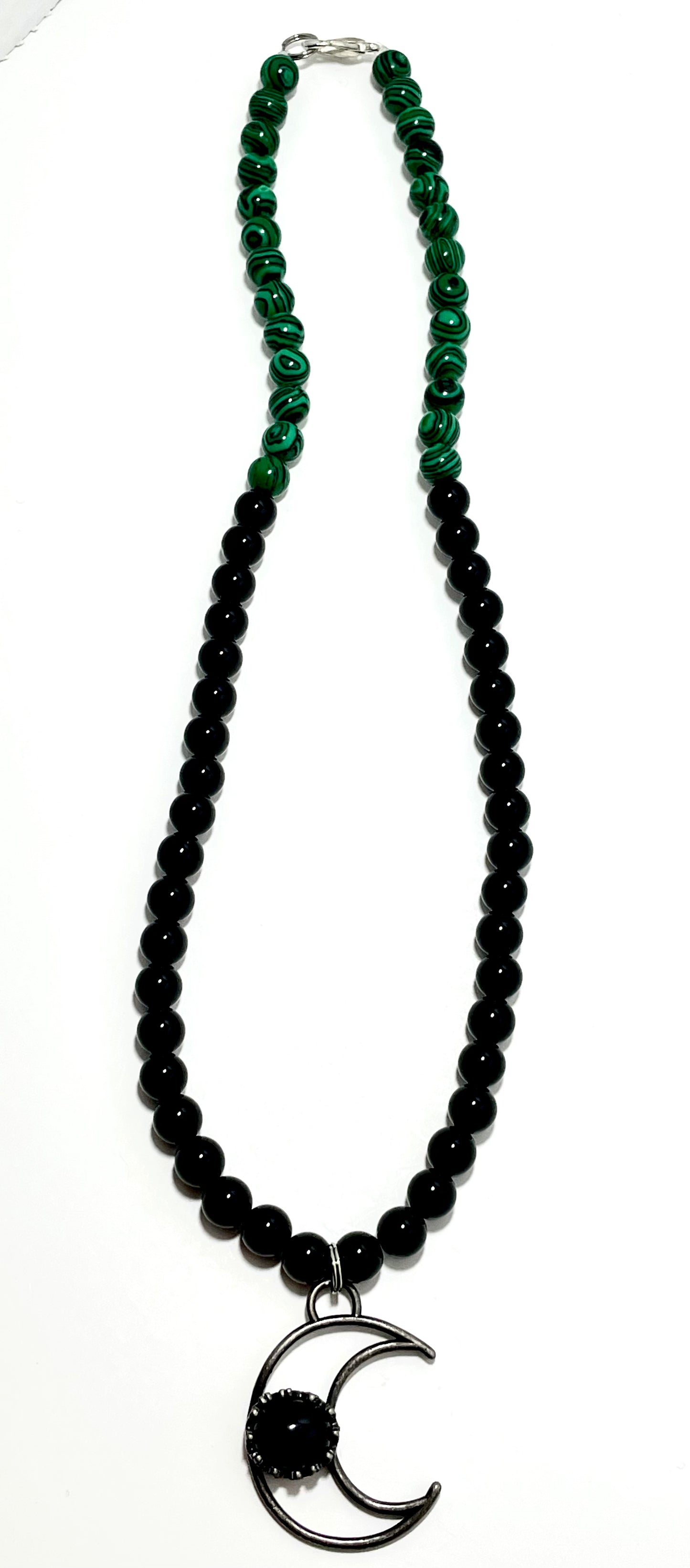 21.5” Stainless Steele & Onyx Half Moon Necklace Adorned With 6mm Onyx & Malachite Beads