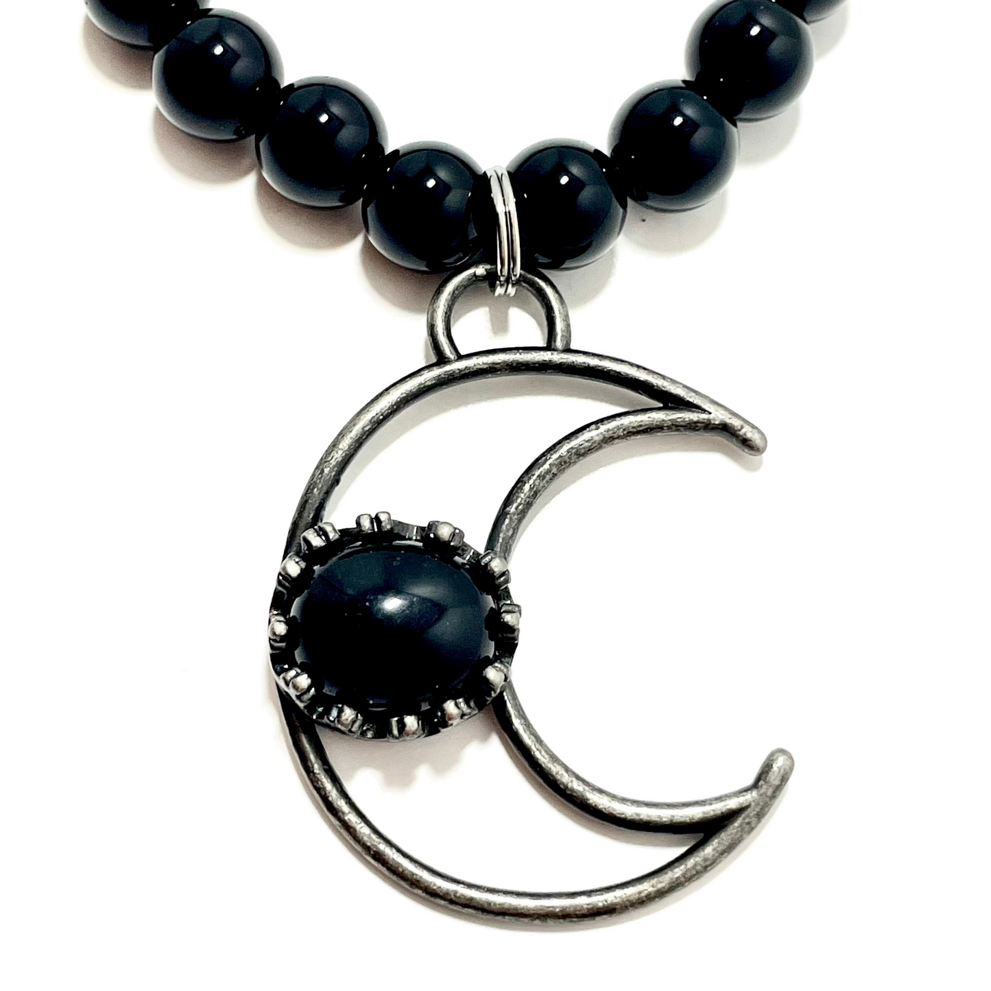 21.5” Stainless Steele & Onyx Half Moon Necklace Adorned With 6mm Onyx & Malachite Beads