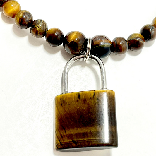 17” Stainless Steele & Tigers Eye Padlock Chocker Necklace Adorned  With 6mm Tigers Eye Beads