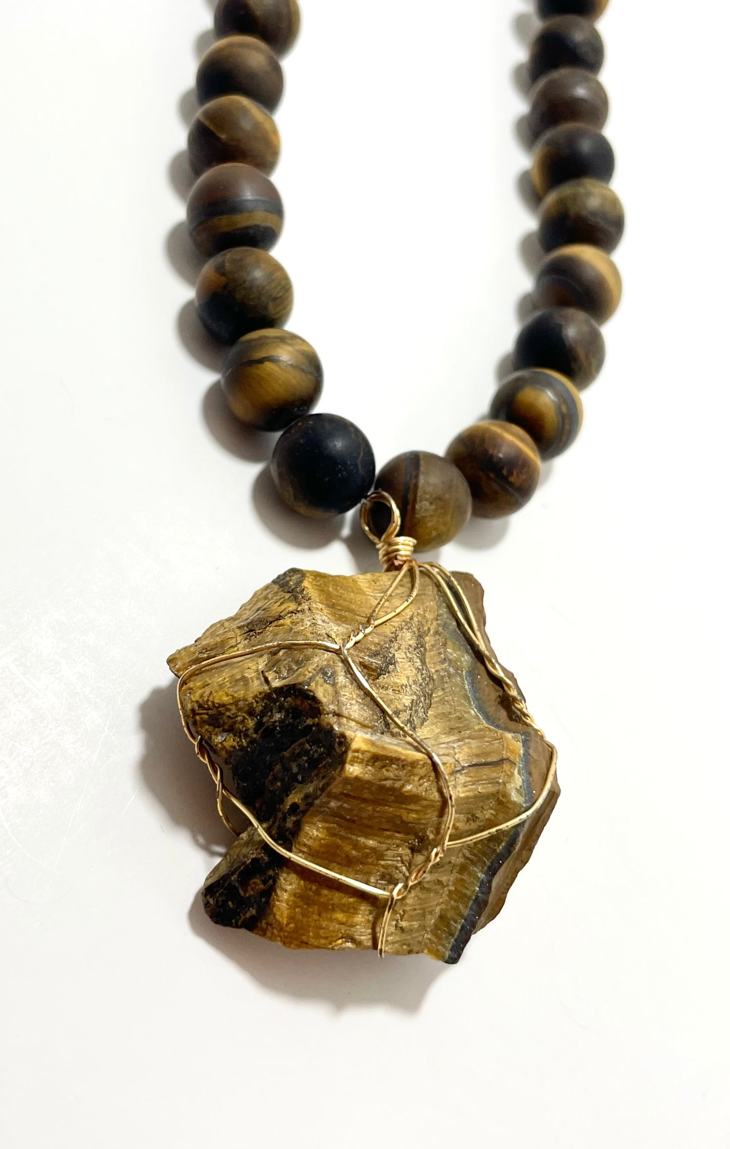 🐾 17” Matted Tiger’s Eye Necklace with Wire Wrapped Matted Tiger’s Eye Pendant