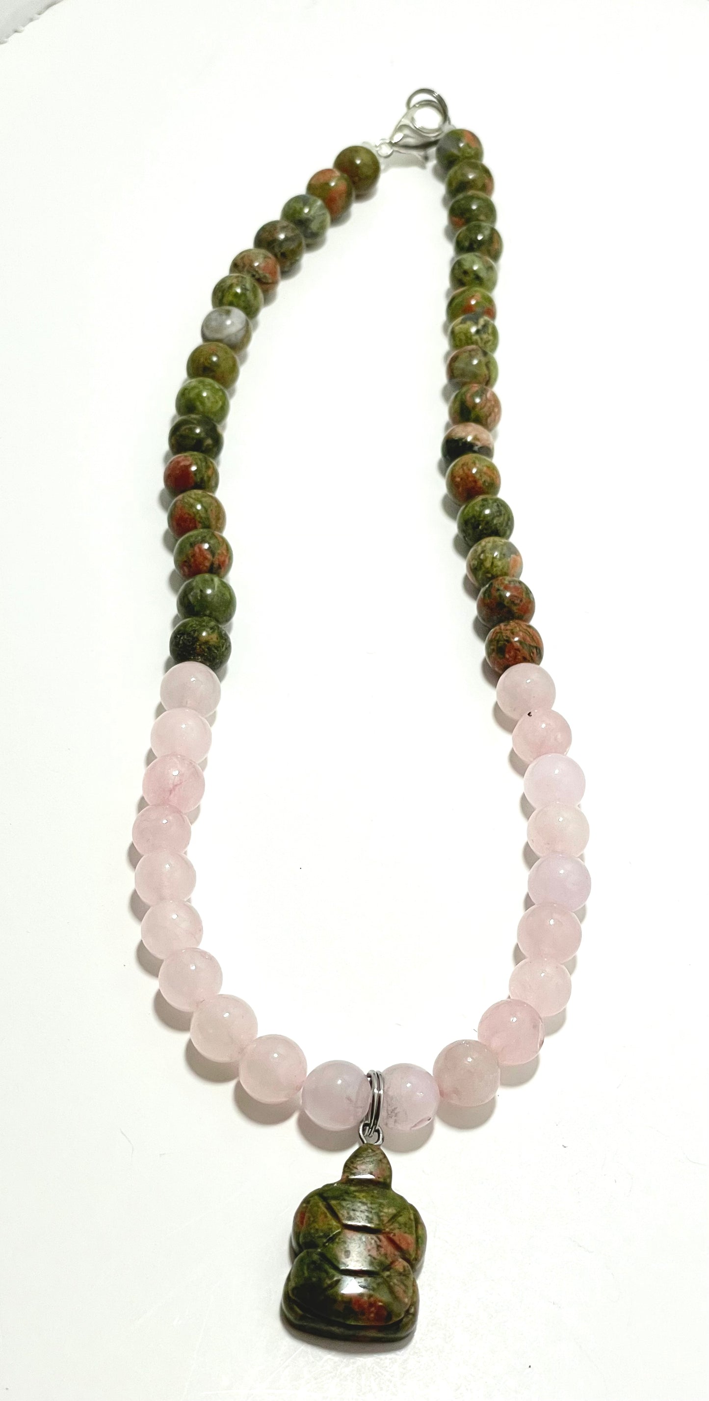 17.5” Unakite Turtle Necklace Adorned With 8mm Rose Quartz & Unakite Beads
