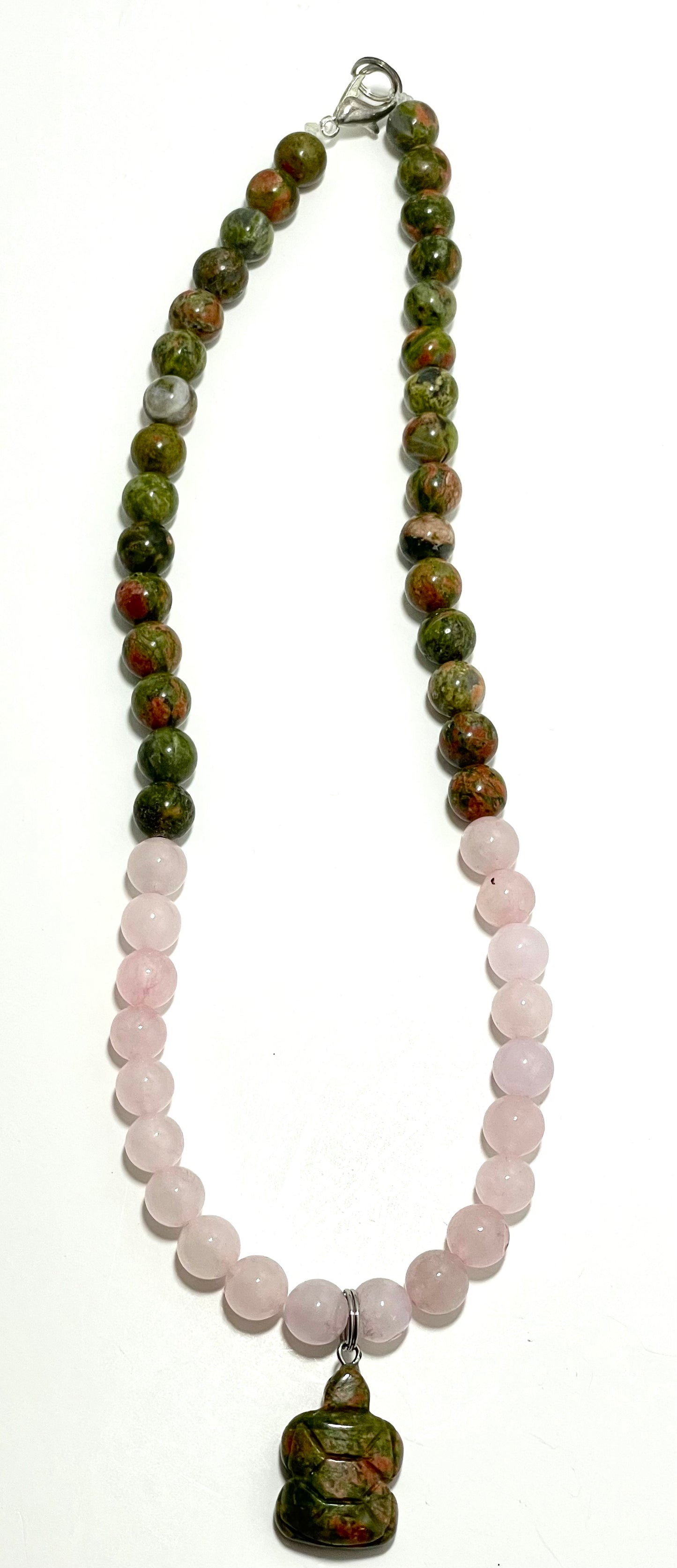 17.5” Unakite Turtle Necklace Adorned With 8mm Rose Quartz & Unakite Beads