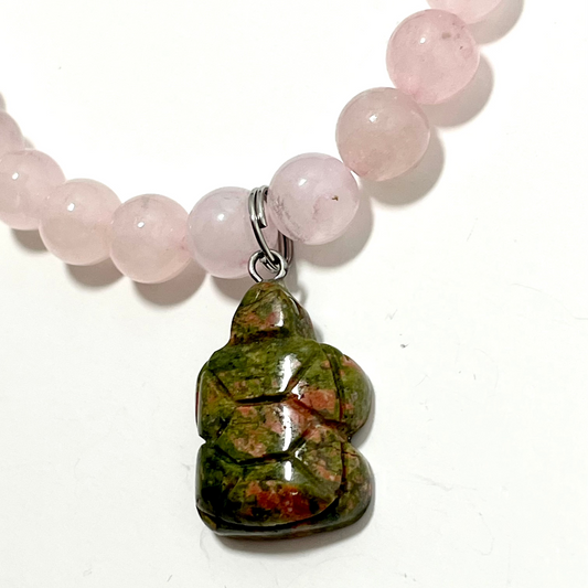 17.5” Unakite Turtle Necklace Adorned With 8mm Rose Quartz & Unakite Beads