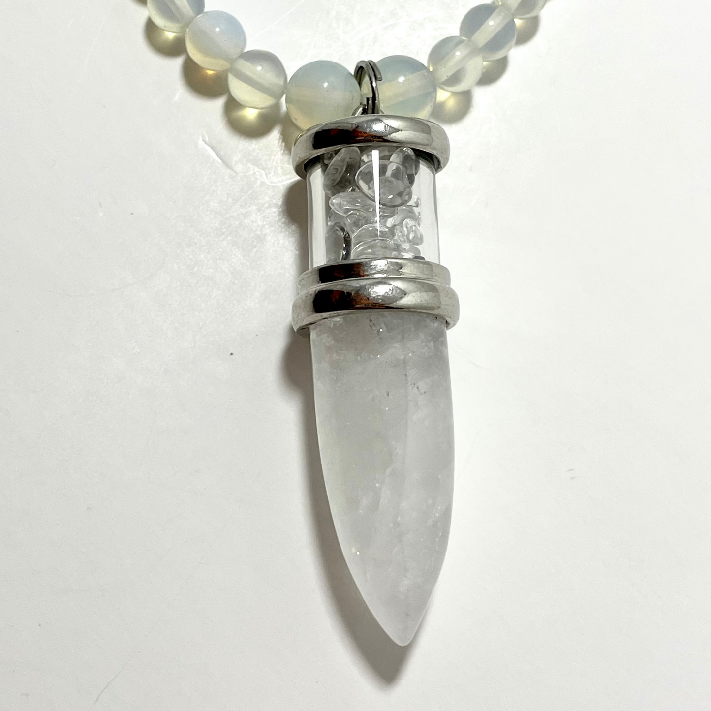 ✨ 23" Clear Quartz Bullet Necklace Adorned with 6mm Opalite, Jade, & Malachite Beads