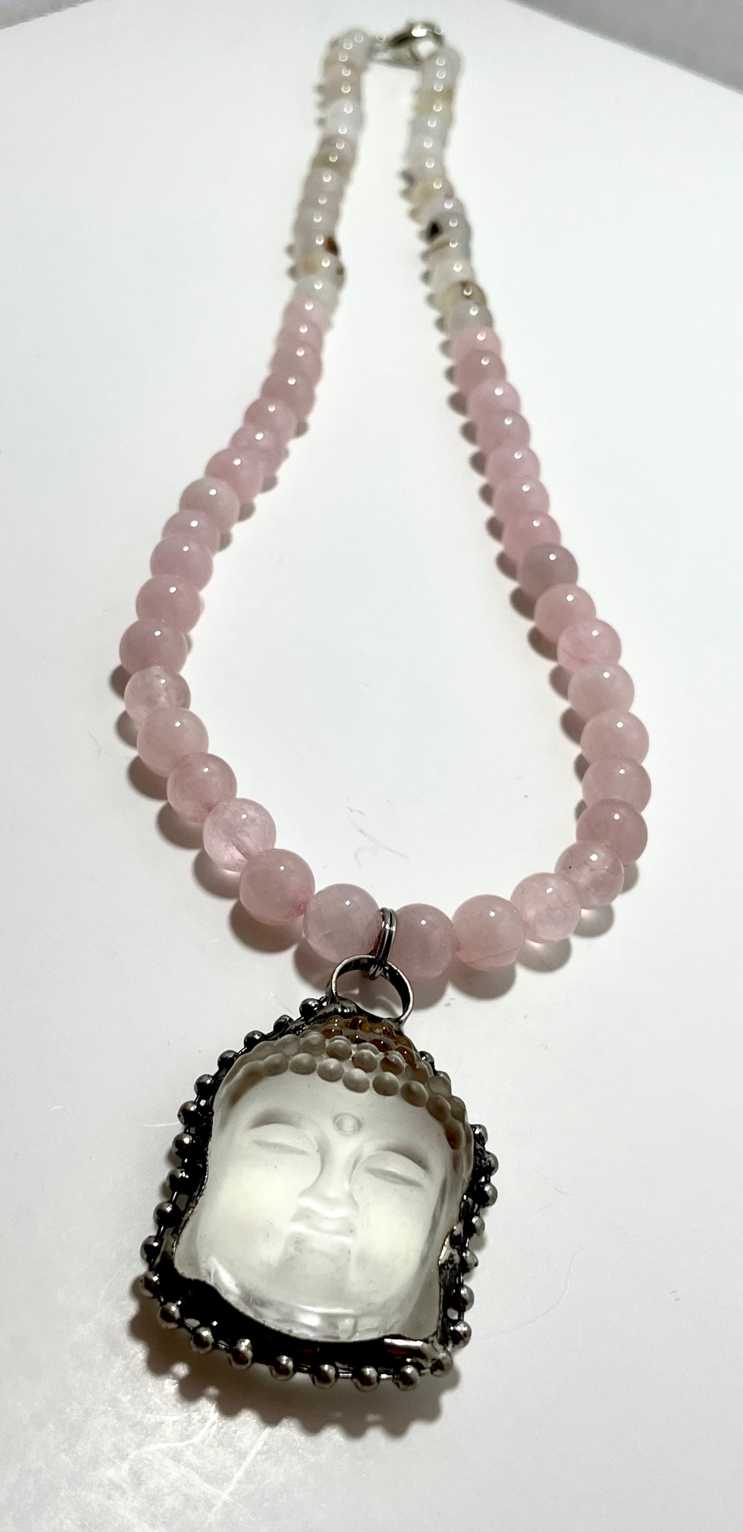 22.5” Stainless Steele Inlayed Hand Carved Clear Quartz Buddha Head Necklace Adorned With 8mm Rose Quartz & Flower Agate Beads