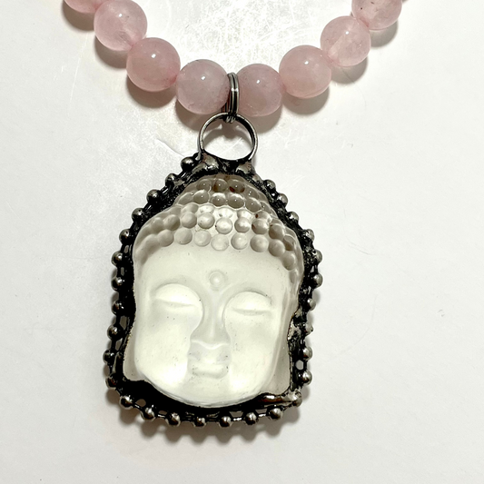 22.5” Stainless Steele Inlayed Hand Carved Clear Quartz Buddha Head Necklace Adorned With 8mm Rose Quartz & Flower Agate Beads