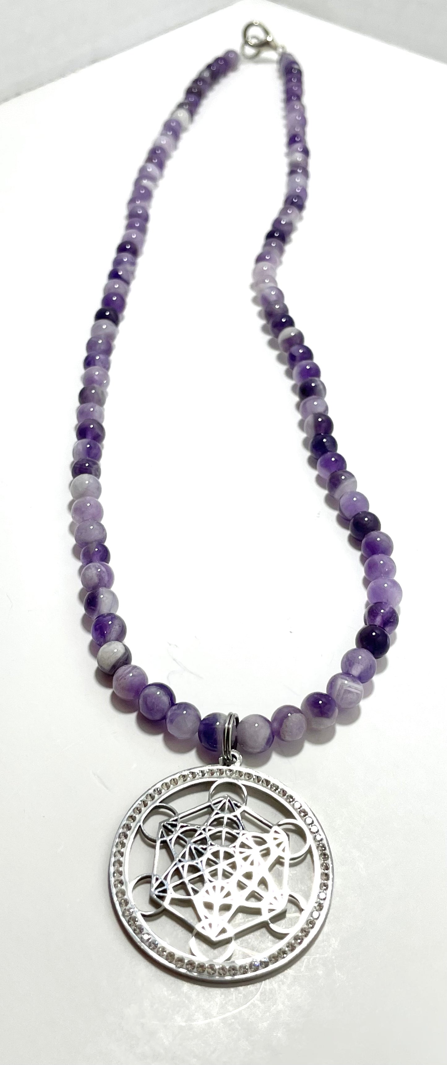 ✨ 24” Stainless Steel Metatron’s Cube Necklace Adorned with Amethyst Beads