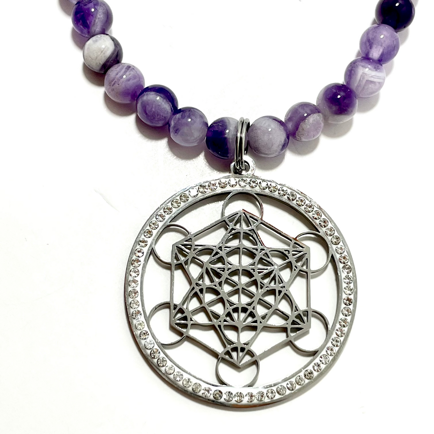 ✨ 24” Stainless Steel Metatron’s Cube Necklace Adorned with Amethyst Beads