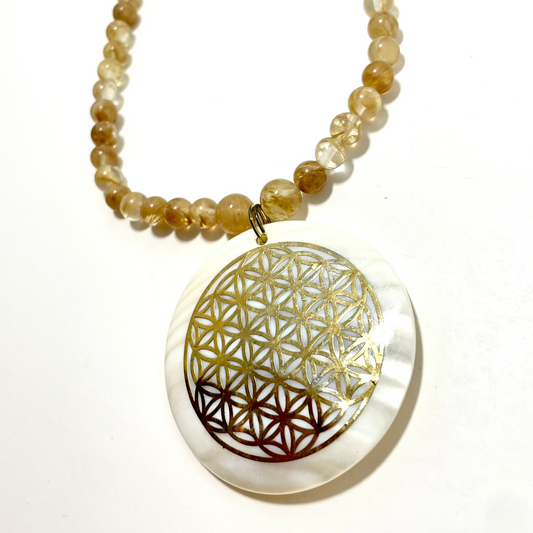🌸✨ Flower of Life Shell Necklace – 21.5” Citrine Crystal Harmony