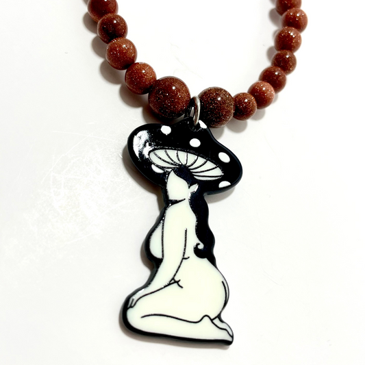 24.5” Resin Mushroom Babe Necklace Adorned with 6mm Goldstone Beads