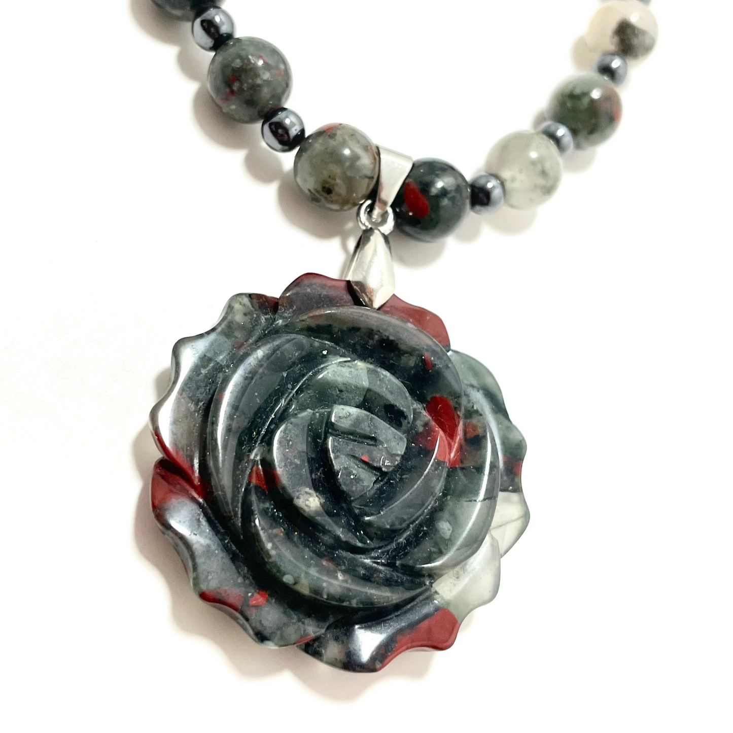 🌹 22.5” Hand Carved Bloodstone Rose Necklace Adorned with Bloodstone & Hematite Beads